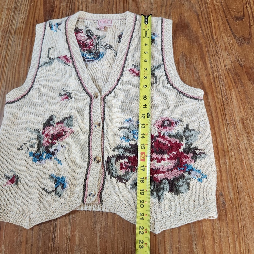 Vintage Pronto Moda Beige Hand Knit Floral‎ Vest Button Front V-Neck Size Medium View 5